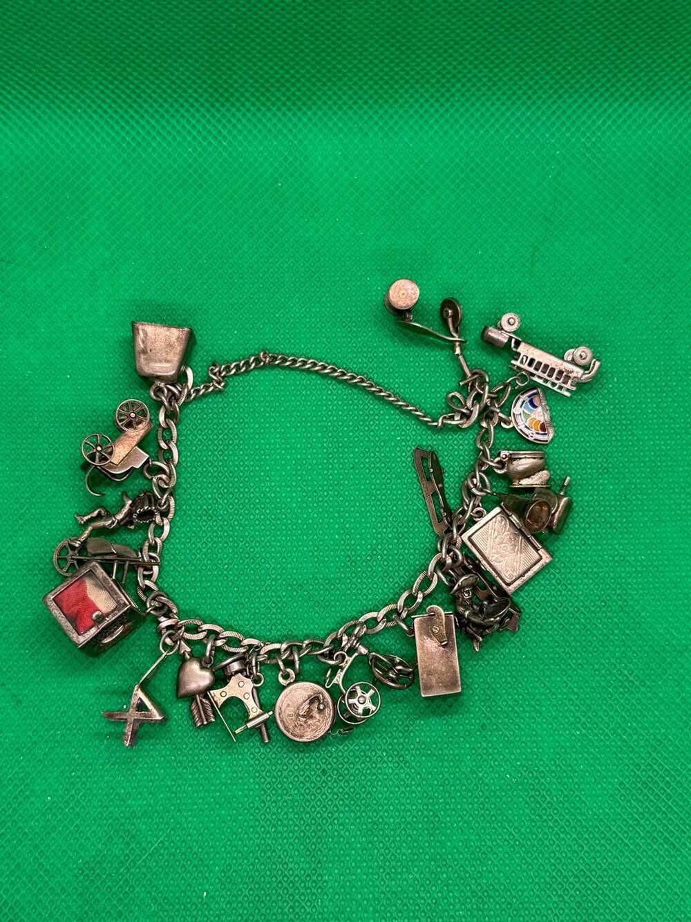 Vintage Sterling Silver Mechanical Charm Bracelet 20 Charms Articulated WWII Era